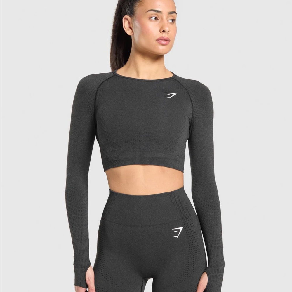 Gymshark Vital Seamless 2.0 Long Sleeve Crop Top (Compression) (Black) (M)